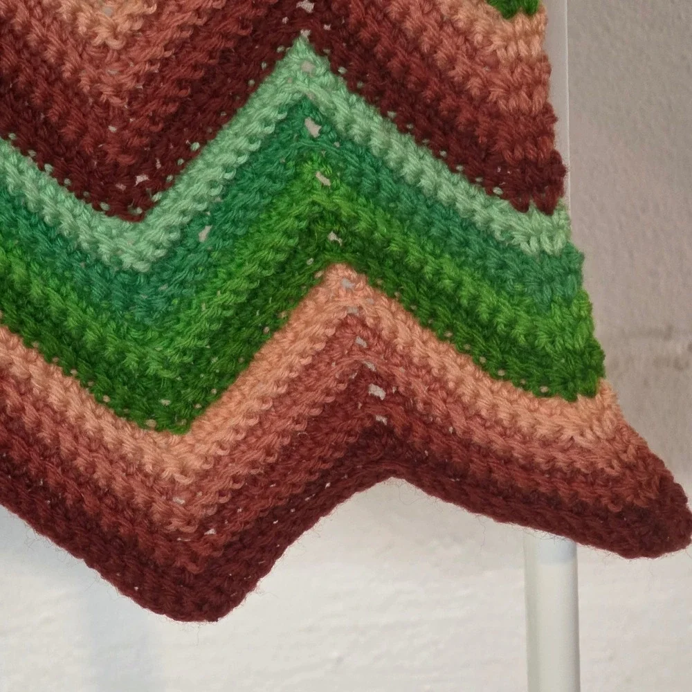Handmade Crochet Chevron Afghan Blanket Earth Tones Green Raspberry Throw 44x68